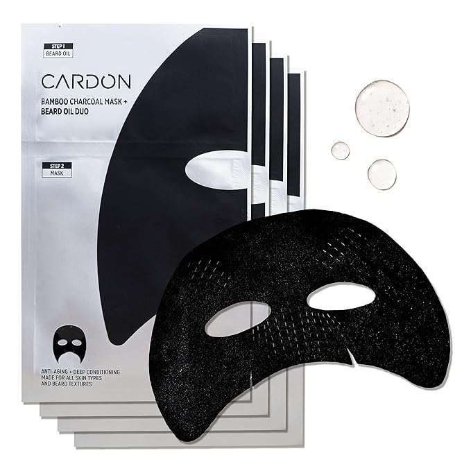 Cardon Charcoal Face Mask for Men with Beard Oil (4-Pack) | Ideal Stocking Stuffer for Men - Helps Detox, Hydrate, and Nourish with Anti-Aging Serum - Peel Off Mens Face Mask for Post Shave Soothing