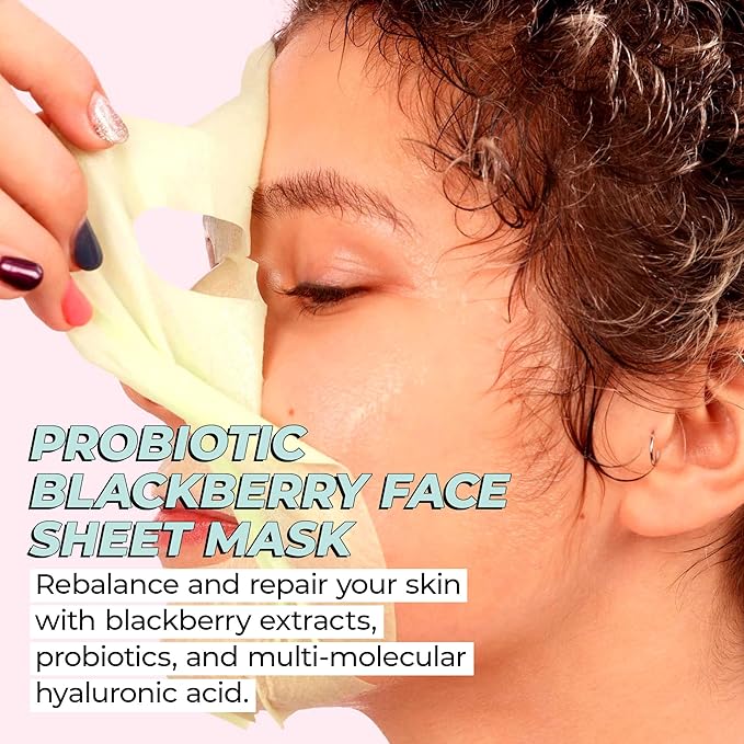 Vitamasques Probiotic Blackberry Face Sheet Mask 7 Pack - Korean Skin Care Facial Mask Rebalances & Repairs Skin with Multi Molecular Hyaluronic Acid - Natural & Biodegradable