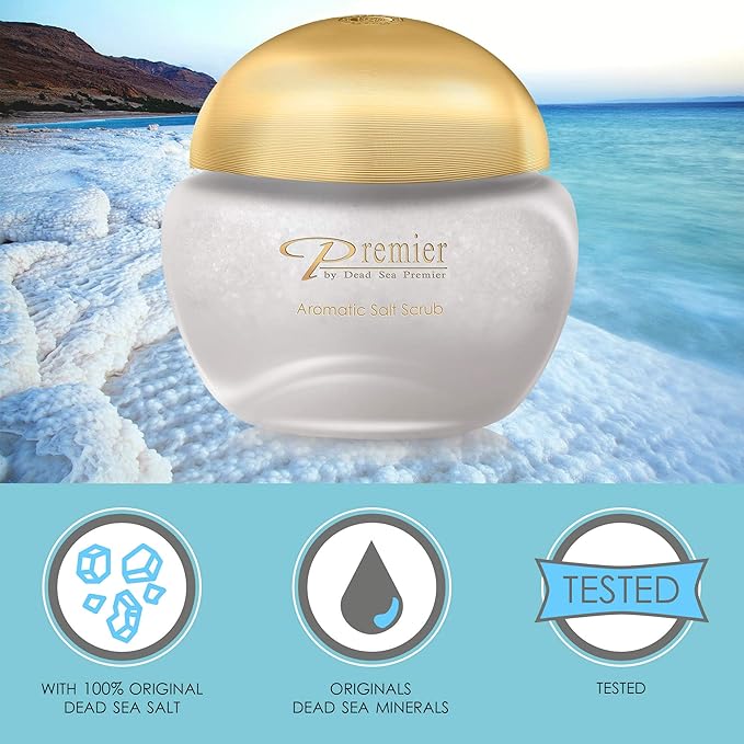 Premier Dead Sea Aromatic Salt Scrub, body scrub, bath salts infused with essential oils, jojoba oil, vitamin e oil, Exfoliates and Moisturizes smooth soft skin Hands, Feet & Body EXOTIC SCENT 10.5oz