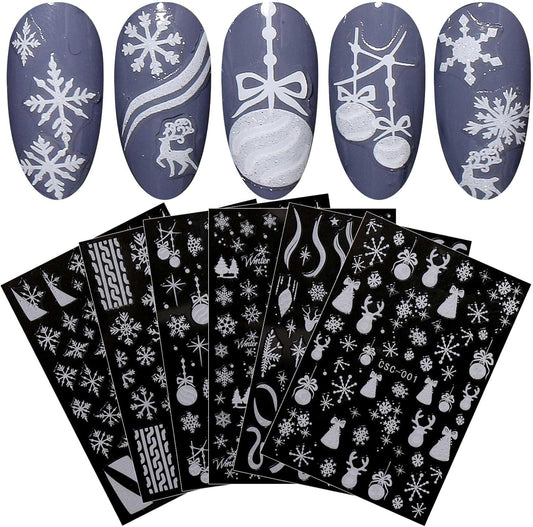 JMEOWIO 8 Sheets Christmas Glitter Nail Art Stickers Decals Self-Adhesive Cute Snowflake Winter Holiday White Nail Supplies Nail Art Design Decoration Accessories