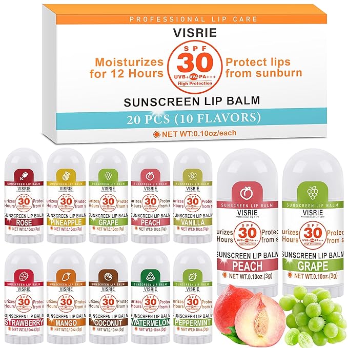SPF 30 Sunscreen Lip Balm, SPF Lip Balm Bulk 20 Count, Broad Spectrum UVA/UVB Lip Sunscreen with Vitamin E and Coconut Oil- 10 Flavors