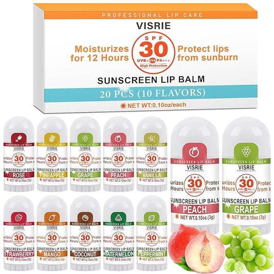 SPF 30 Sunscreen Lip Balm, SPF Lip Balm Bulk 20 Count, Broad Spectrum UVA/UVB Lip Sunscreen with Vitamin E and Coconut Oil- 10 Flavors