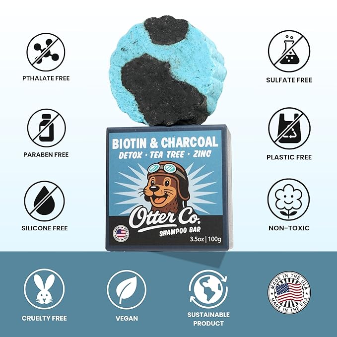 Otter co. Biotin Detox Shampoo Bar – Charcoal & Tea Tree Oil, Rosemary, Turmeric, Green Tea, Zinc – Vegan, Sulfate Free & Non Toxic – Women and Mens Shampoo, All Hair Types, Made in USA