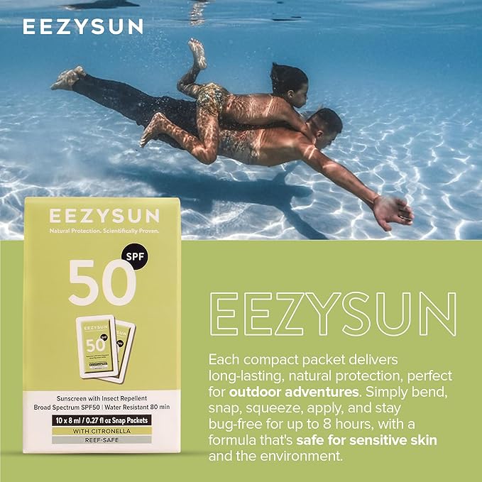 SPF 50 Sunscreen and Insect Repellent Snap Packets - Sunscreen Travel Size Bug Repellent with Citronella Oil, Lemongrass, and Neem Oil - Reef-Safe Repellent - 10 Snap Packets (0.27 fl oz each)