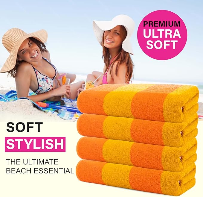 CASA COPENHAGEN Malibu Beach Towels Designed in Denmark Rough and Tough, Quick Dry, for Pool, Bath & Shower 30x60 inches 4 Pieces Cotton Beach Bath Towels Set - Orange