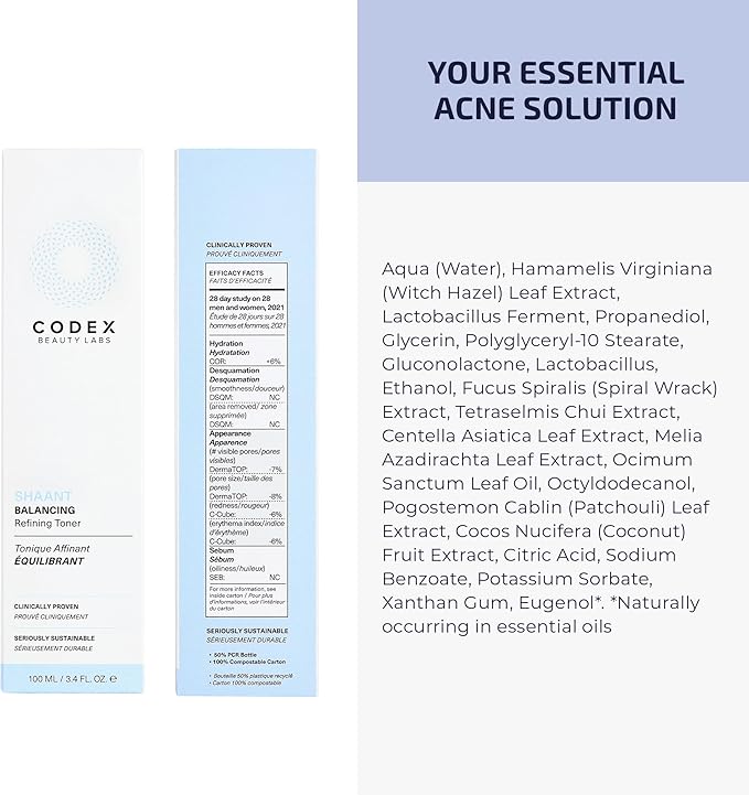 Codex Labs Shaant Refining Toner - Hydration & Pore Minimizer - for Acne Prone Skin - with 2% Gluconolactone - Cruelty-Free, Vegan Skincare (100ml)