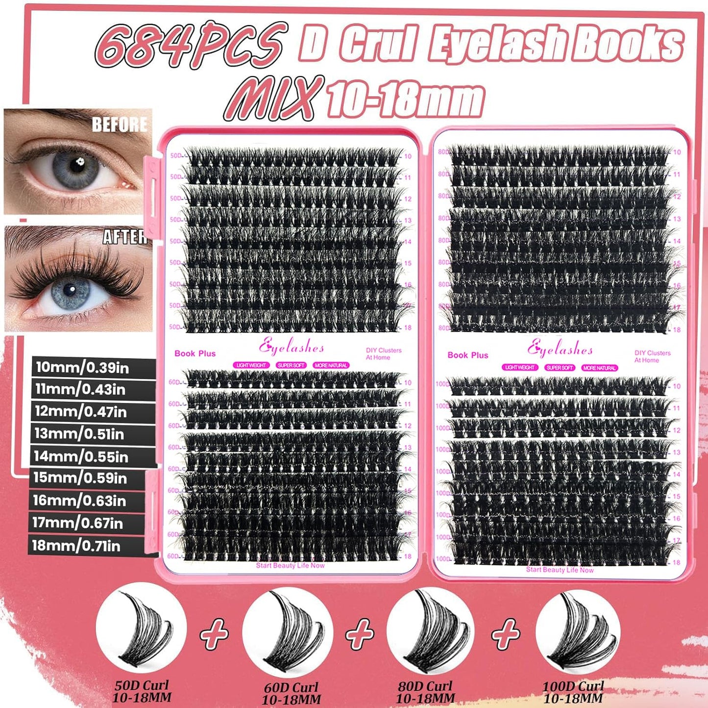 DIY Lash Extension Kit 684Pcs D Curl 10-18mm Lashes Clusters with Lash Shampoo Lash Bond and Seal Glue Remover Cleansing Brush Headband Wristband Tweezers Eyelash Brush Applicator