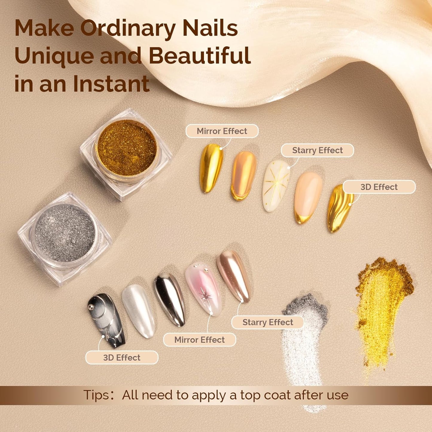 MelodySusie 2Pcs Chrome Nail Powder for Gel Nails,Metallic Mirror Effect Pigment Stylish and Technological Fine Glitter for Home DIY Salon Use