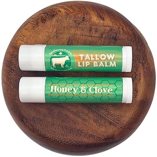 Tallow Lip Balm with Grass-fed and Finished Tallow, Organic Beeswax, Raw Organic Honey and Natural Clove Oil - Handmade With Only 4 Ingredients To Lock In Soothing Moisture (Honey & Clove) - 2 Pack