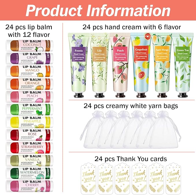 AZEN 24 Sets Hand Cream Bulk and Lip Balm Bulk Set, Bridal Shower Gifts for Guests, Thank You Gifts for Coworkers Women Men with Organza Bag Thank You Card, Bridal Wedding Favors for Guests