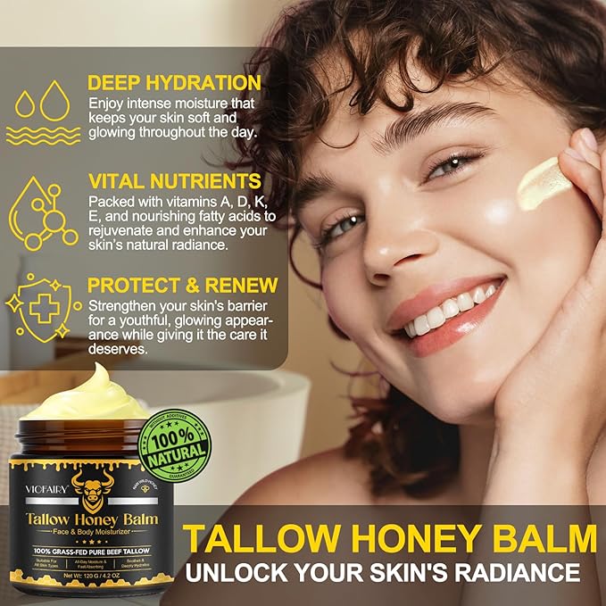 Beef Tallow for skin, Beef Tallow, Hydrating Tallow Balm with Raw Honey and Beeswax, Grass-Fed Beef Tallow & Raw Wild Honey Blend, Body & Face Moisturizer, Natural Formula