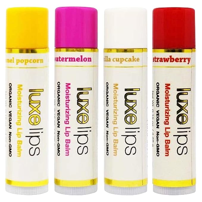 Luxe Beauty No-Beeswax & Petroleum Organic Lip Moisturizer – Vegan Lip Balm for Men & Women – For Sun/Wind Damage, Dryness & Chapping – 4-Pack Hydrating Lip Care Products That Work Over/Under Lipstick