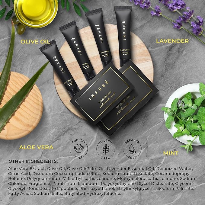 Infuse Black | Amenity & Accessory Kit | 1 oz Travel Size Shampoo, Conditioner, Lotion, Body Wash, Body Bar, 2 Cleansing Bar, Shave & Dental Sets, Make-Up Remover Wipes & Vanity Kit | 15 sets per case