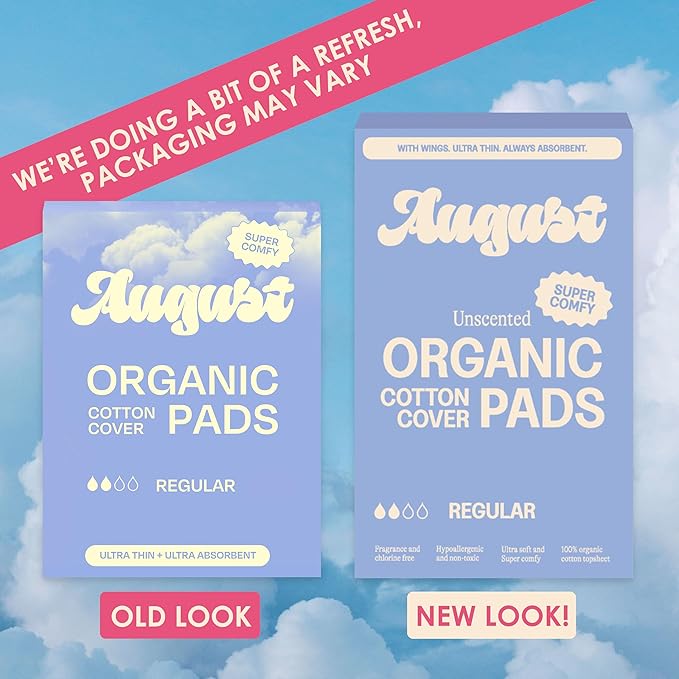 August Regular Cotton Menstrual Pads, 36-Pack Ultra Thin Pads with Wings, Hypoallergenic Sanitary Napkins with Organic Cotton Topsheet, Compostable Wrappers, Toxin Free, Fragrance Free