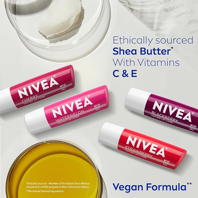 NIVEA Lip Care, Fruity Tinted Lip Balm Variety Pack, Includes Cherry, Strawberry, Blackberry and Watermelon Scents, 0.17 Oz, Pack of 4