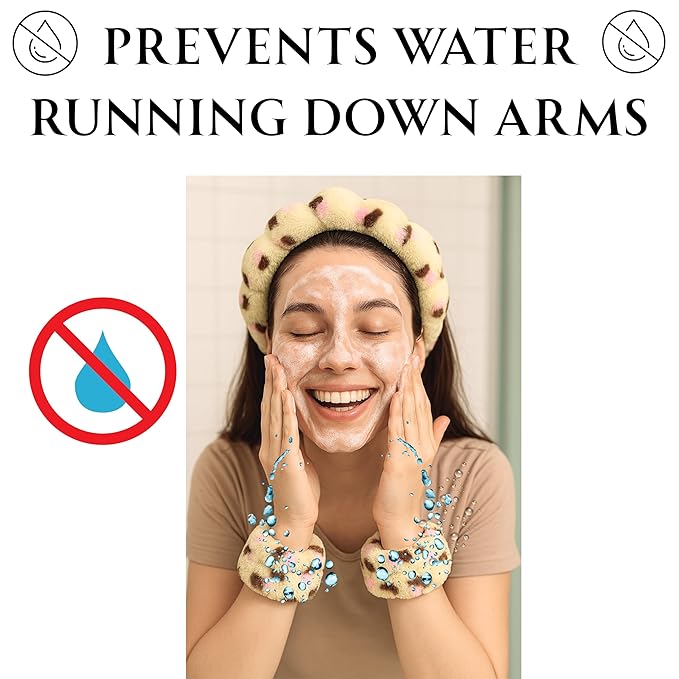 Spa Headband Wrist Band for washing face set Sponge Makeup Skincare Headband Wrist Towels Bubble Soft Terry Towel Cloth Hairband for Women Puffy Headwear Non Slip Thick Thin Hair Headwear (Leopard)