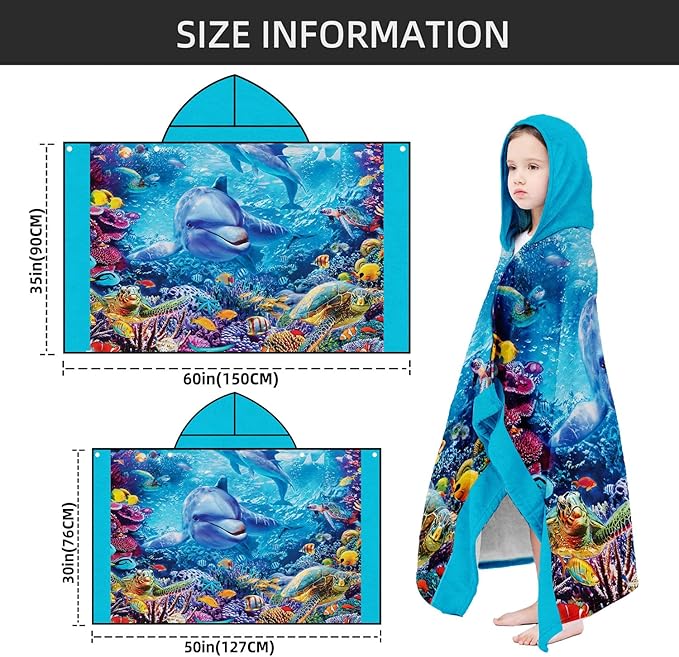 Dolphin Hooded Beach Towel for Boy, 35" x 60" Turtles & Coral Kids Poncho Bath Towel for Toddler, Bright Blue Soft Absorbent with Hood for 3-10 Years Bathrobe for Swimming Pool Bath