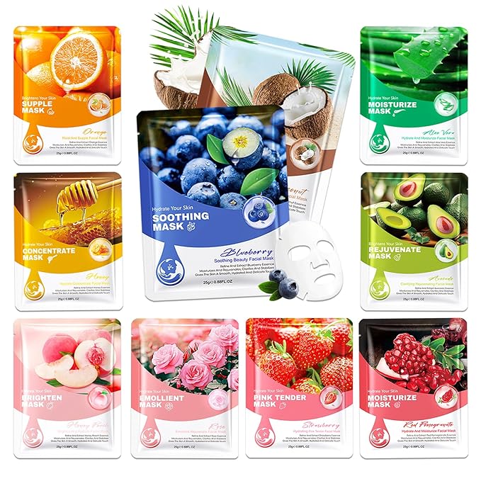 10 Pack Variety Facial Sheet Masks Skin Care Set, Hydrating Bulk Sheet Face Masks Skincare Gifts Set for Women Men, Long Lasting Moisturizing Face Mask Skincare for All Skin Type（06)