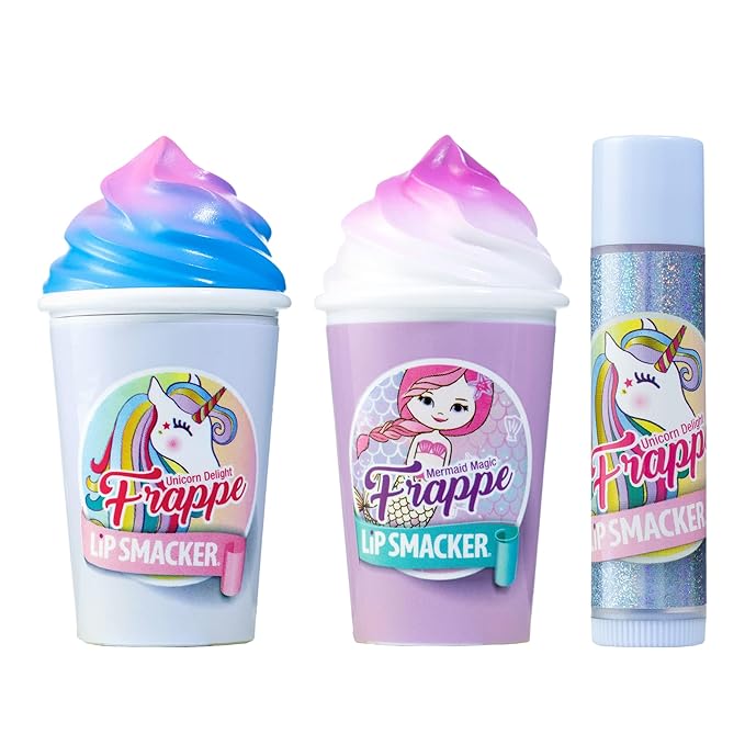Lip Smacker Magical Frappe Collection 3 Pack Beverage Lip Balm - Moisturizing, Soothing Unicorn & Mermaid Delight/Magic