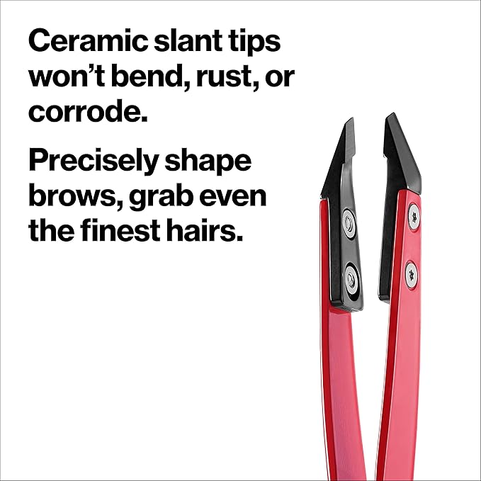 Revlon Ceramic Slanted Tip Tweezers, Precision For Eyebrow Shaping and Fine Hair Removal, Stainless Steel Body, Red, 1 Count