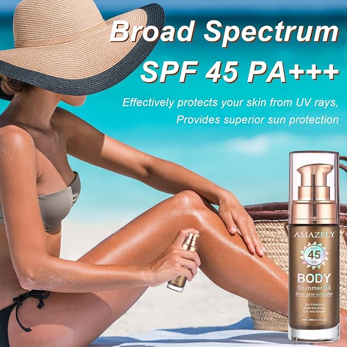 Shimmer Body Oil, SPF 45 Broad Spectrum, Sunscreen Face and Liquid Luminizer Waterproof Moisturizing, Light Shimmer Glow Illuminator, Smooth Body Highlighter Makeup (#03 Glistening Bronze)