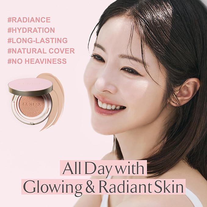 LA MUSE Korean Cushion Foundation, #21 Light Beige(2 Packs) | Lightweight, Breathable but Perfect Blemish Cover for Summer | Long-Lasting, Korean Foundation with Radiant Dewy Finish | Skin Hydrating