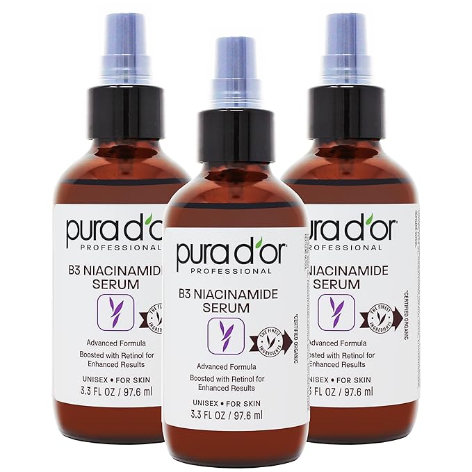 PURA D'OR B3 Niacinamide Advanced Facial Serum (3.3oz x3 = 9.9oz) Skin Care Formula with Retinol For Wrinkles, Hydration & Complexion - All Skin Types, Hypoallergenic - Women & Men