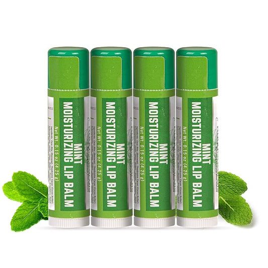 Handmade Moisturizing Mint Lip Balm - All Natural, All Day Hydration, Smooth & Soft Care for Women, Men and Kids - Original Beeswax, Shea Butter, Jojoba Oil, Vitamin E - Pack of 4