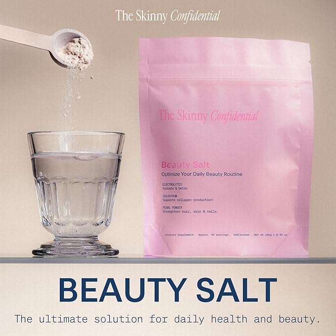 The Skinny Confidential Beauty Salt- Hydration Powder Contain Grass-Fed Colostrum, Electrolytes & Pearl Powder - Supports Immunity & Digestive Health, Glowing Skin & Radiant Hair - Gluten Free