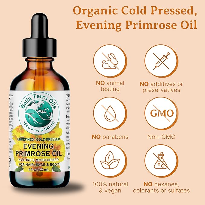 Bella Terra Oils - Organic Evening Primrose Oil 16 oz - Embrace the Enchanting Primrose Nutritional Profile, High in GLA & Fatty Acids, Elevate Your Beauty Routine