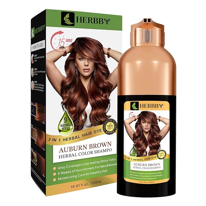 Hair Color Shampoo for Gray Hair Coverage&Color Transform with 9 Herbal Extracts –Long Lasting(6-8 Weeks),Shiny,Evenly Colored,Instant Hair Dye Shampoo&Conditioner,500 Ml (AUBURN BROWN COLOR)