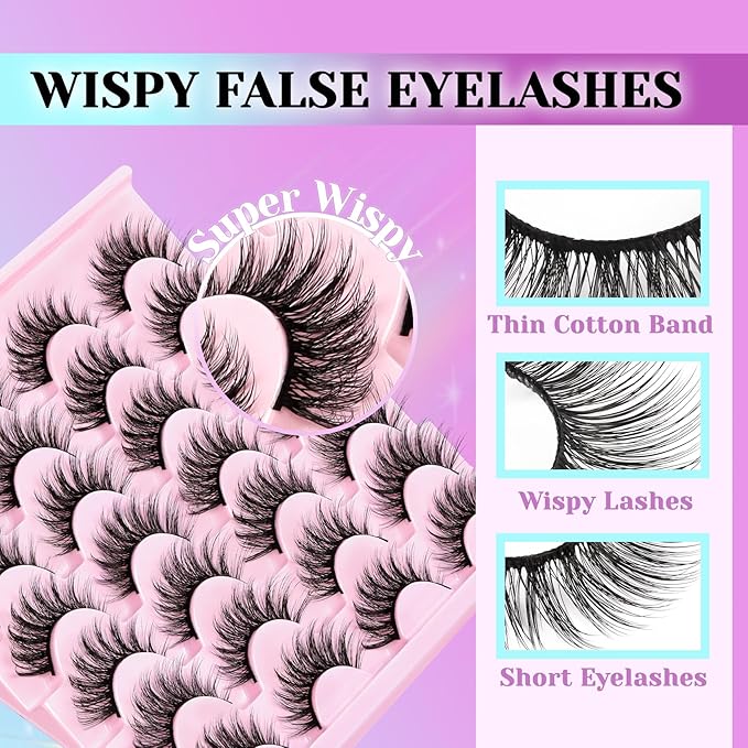 Losha Lashes Wispy False Eyelashes Natural Cat Eye Lashes Kit with Lash Glue and Lash Tweezers 14 Pairs Short Fake Eyelashes Soft Thin Faux Mink Lashes Pack (Lighter)