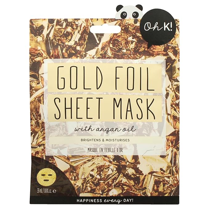 Oh K! Sheet Mask - Gold Foil - Moisturizing Face Mask - Hydrating Face Sheets - Infused with Argan Oil - Plant-Based Fiber - Korean Skincare - 1 Pc
