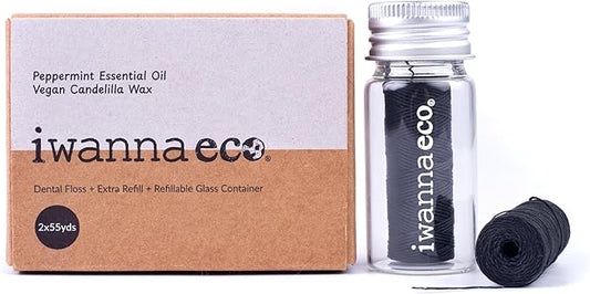 Eco-Friendly Bamboo Charcoal Dental Floss | Refillable Wide Glass Jar with Screw Lid + 50m Free Refill | 100m Total | Peppermint | Candelilla Wax | Zero Waste, Vegan | Flossers for Adults – Oral Care