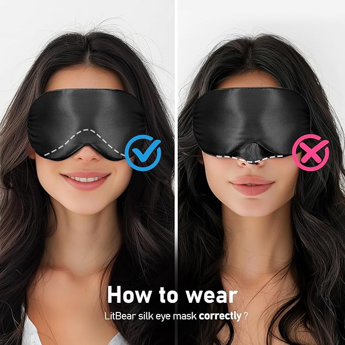 LitBear 100% 22 Momme Mulberry Silk Sleep Mask - 3D Contoured Eye Mask for Men & Women, Soft Breathable Sleeping Mask with Adjustable Strap, Perfect Blocks Light for Sleeping (Black)