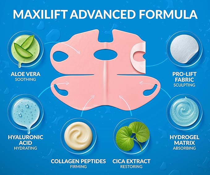 Stylia MaxiLift V-Line Lifting Collagen Face Mask - Advanced Double Chin Reducer - Jawline Shaper - Neck Firming and Tightening Mask with Hyaluronic Acid & Aloe Vera - Chin Strap for Sleeping - 10PC