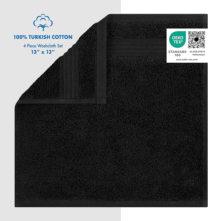 Cotton Paradise 100% Cotton Turkish Washcloth Set for Bathroom, 4 Piece Soft Absorbent Small Hand Face Towels Wash Rags, Black