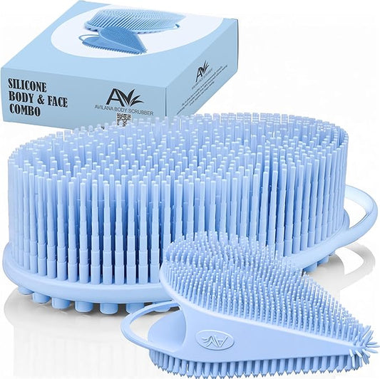Body Face Scrubber Set Silicone - 2 Pack Shower Brush Facial Cleansing Kit - Avilana Bath Loofah Alternative Complete Skincare System Dual Sided - Gift Set Women Men