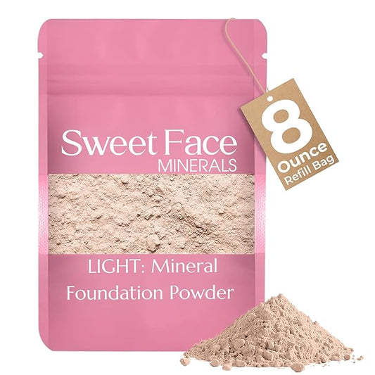 (8 Ounce Bag) (Light) Foundation Powder Refill By Sweet Face Minerals, Lightweight Mineral Loose Makeup Powder with SPF 20, Full Coverage Flawless Finish, Talc-free, Cruelty-Free, Refillable Pouch