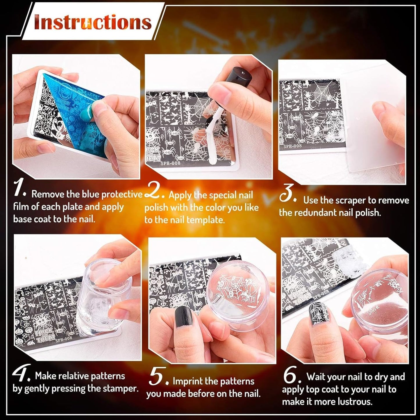 Whaline 6Pcs Halloween Nail Plates Stamping Set Pumpkin Ghost Skull Stamp Templates Nail Art Plates for DIY Print Manicure Salon Design Gift