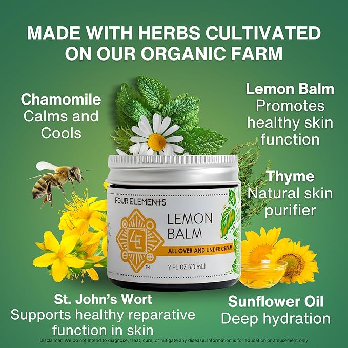 Four Elements Lemon Balm Face Moisturizer Cream - 2 Oz | Herbal Face Cream with Organic Lemon Balm, Chamomile, Shea Butter & Vitamin E | Body Hydrating Moisturizer Beauty Essential