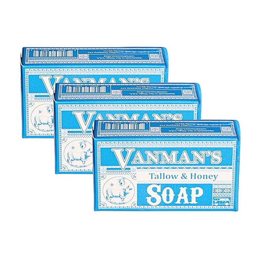 VanMan Beef Tallow and Honey Bar Soap – Pure Grass-Fed Beef Tallow for Skin with Raw Honey & Distilled Water, Unscented Soap, Hydrating & Nourishing, Clean Ingredients, 3.8oz - 3 Pack
