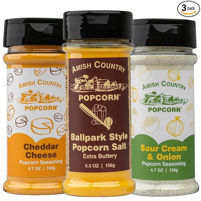 Amish Country Popcorn | Seasoning Variety Pack | 5.5 oz BallPark Style ButterSalt - 4.7 oz Cheddar Cheese & 4.7 oz Sour Cream and Onion Popcorn Seasoning