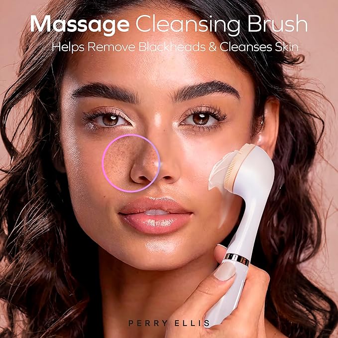 Perry Ellis 3-in-1 Beauty Brush with Silicone Face Cleanser, Makeup Applicator, and Metallic Eye-Massaging Plate, IPX6 Water-Resistant Electric Skincare Accessory with 3 Vibrating Modes and Stand