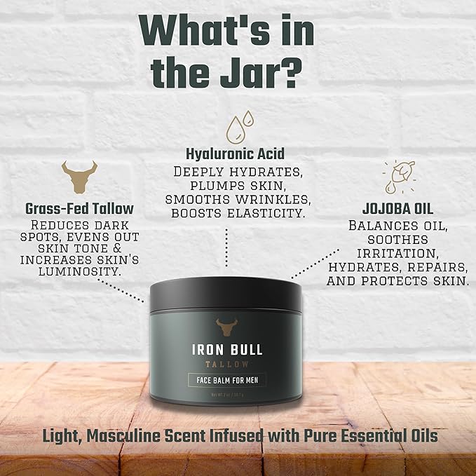 Iron Bull Beef Tallow Face Moisturizer for Men. Anti-Aging With Hyaluronic Acid for Wrinkles. Grass-Fed Beef Tallow Skin Balm & Jojoba Oil for All Skin Types. Natural Formula With a Clean Scent - 2 oz