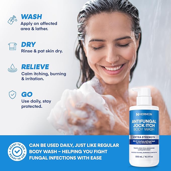 Hermon Antifungal Body Wash for Jock Itch: Tea Tree oil Body Wash for Jock Itch, Ringworm, Back Acne, Athlete's Foot, Tinea - Medicated Soap for Men and Women