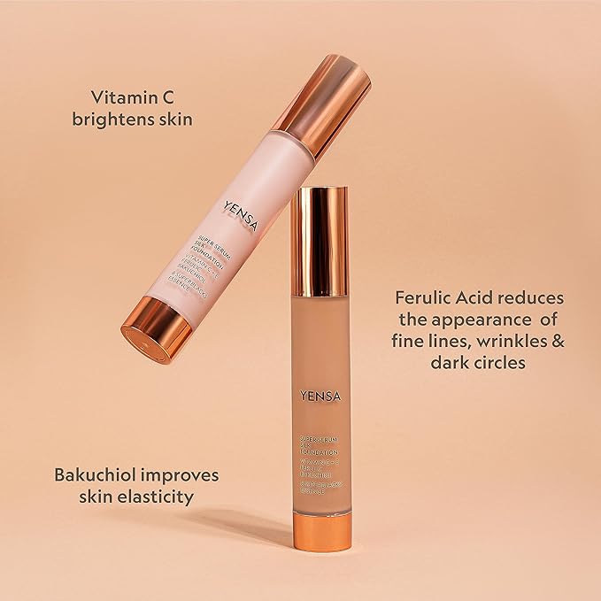 YENSA Serum Foundation Makeup - Super Silk Full Coverage Foundation Enriched with Peptides, Vitamin C & Ferulic Acid to Help Reduce Fine Lines, Wrinkles & Dark Circles - Medium 2 (1 oz)