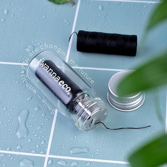 Eco-Friendly Bamboo Charcoal Dental Floss | Refillable Wide Glass Jar with Screw Lid + 50m Free Refill | 100m Total | Peppermint | Candelilla Wax | Zero Waste, Vegan | Flossers for Adults – Oral Care
