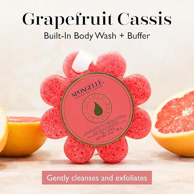 Spongelle Grapefruit Cassis Wild Flower Loofah Body Scrubber | Bath & Shower Loofah for Women | Body Scrubber Exfoliator with Body Wash Infused Sponge | 14+ uses | Zesty Grapefruit, Cassis & Vanilla