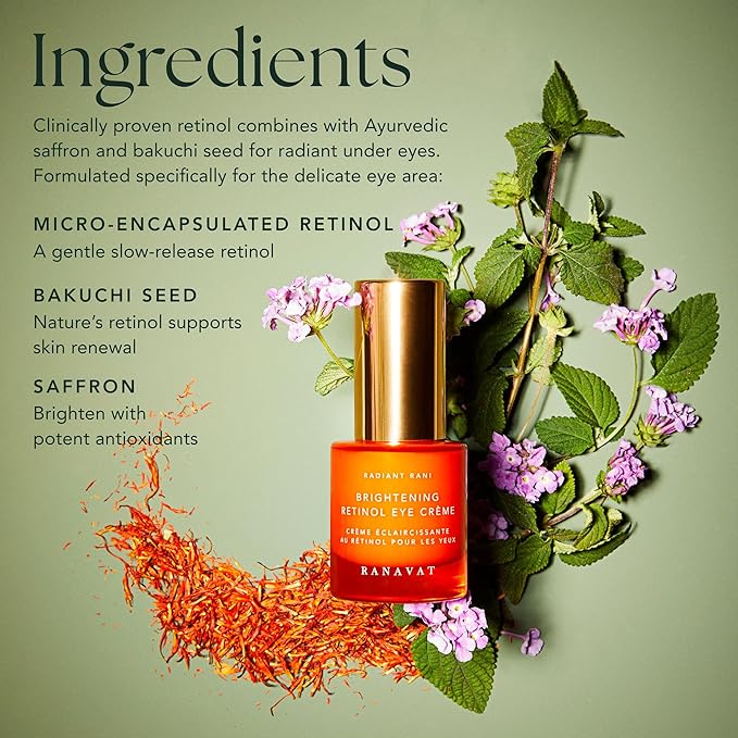 RANAVAT Brightening Retinol Eye Cream - Anti Aging Eye Cream and Dark Circle Corrector to Help Target Fine Lines - Enriched with Micro-Encapsulated Retinol, Bakuchi Seed, & Saffron (0.5 oz)